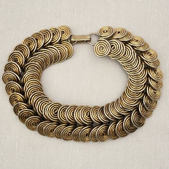 Brutalist Bracelet Bronze Geometric Entwined Wire Circles Fold Over Clasp - Picture 5 of 11